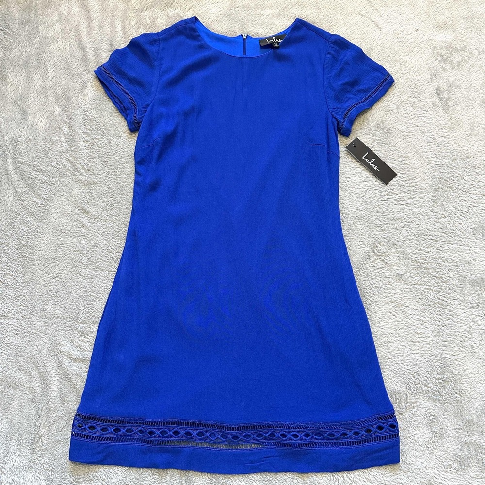 NWT LULUS Dress Womens XS Blue Ladder Lace Trim Wedding Guest Party Cocktail USA